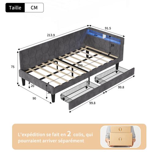 Lit Rembourré 90 X 200 Cm Avec Éclairage LED Et Port USB, 2 Tiroirs, Sommier à Lattes, Gris