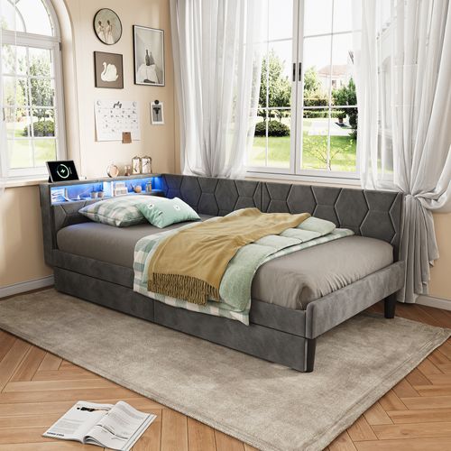 Lit Rembourré 90 X 200 Cm Avec Éclairage LED Et Port USB, 2 Tiroirs, Sommier à Lattes, Gris