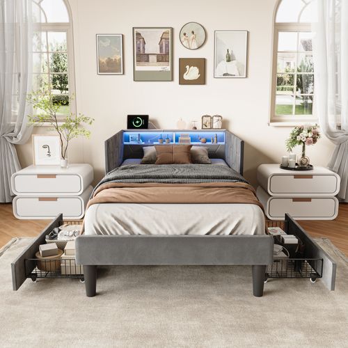 Lit Rembourré 90 X 200 Cm Avec Éclairage LED Et Port USB, 2 Tiroirs, Sommier à Lattes, Gris