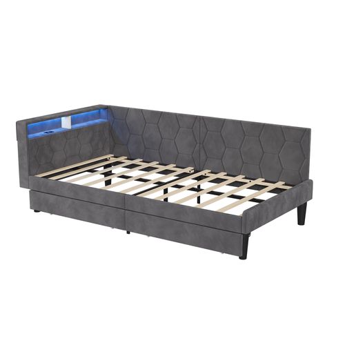Lit Rembourré 90 X 200 Cm Avec Éclairage LED Et Port USB, 2 Tiroirs, Sommier à Lattes, Gris