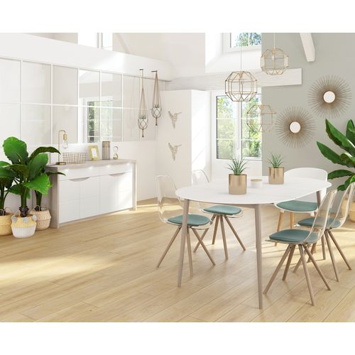 Table ronde + 2 extensions L.100 à 180 cm MALENA scandinave Bois et blanc