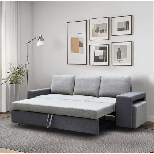 Canapé convertible 3 places + poufs BANCO tissu gris clair / gris foncé