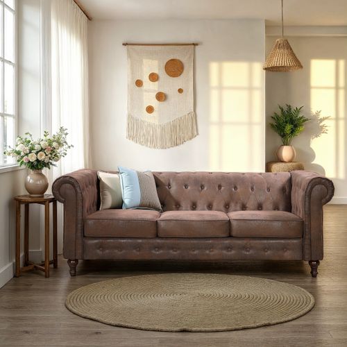 Canapé Chesterfield CHESS 3 places tissu Aspect cuir vieilli