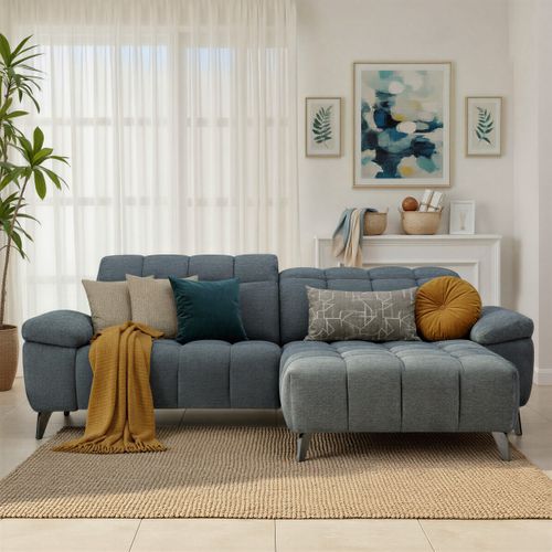 Canapé d'angle méridienne LUCY relax droite tissu bleu gris