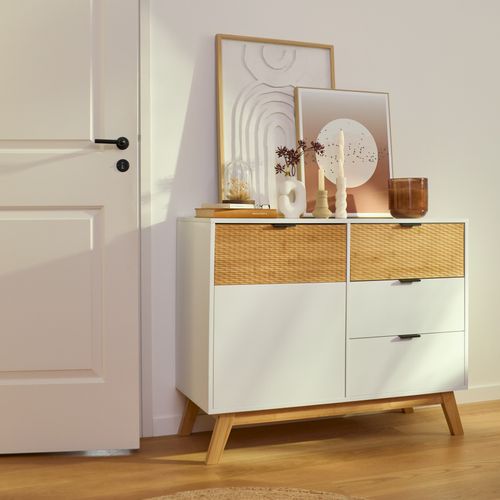 Rangement 1 porte 3 tiroirs ONDINE blanc/bambou