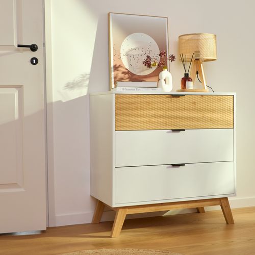 Commode 3 tiroirs L. 80 cm ONDINE blanc/bambou