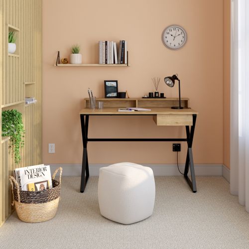 Bureau 2 niches et 1 tiroir MARLEY imitation chêne et noir