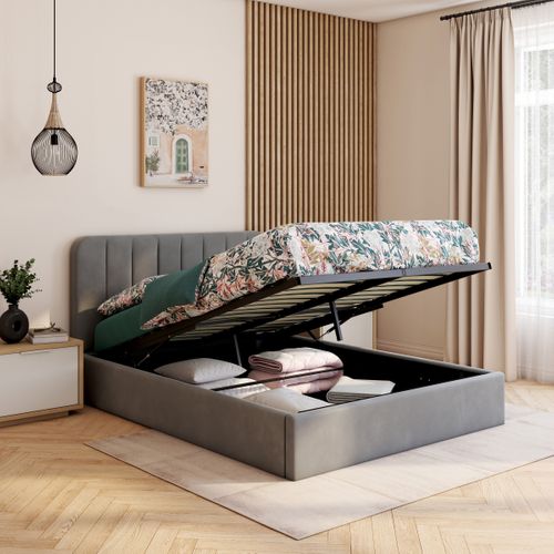 Lit coffre avec sommier relevable 140x190 cm ANNA en tissu gris