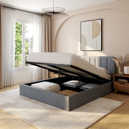 Lit coffre avec sommier relevable 160x200 cm ANNA en tissu gris