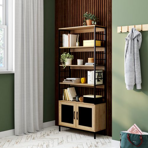 Bibliothèque 2 portes MIREILLE imitation chêne et noir