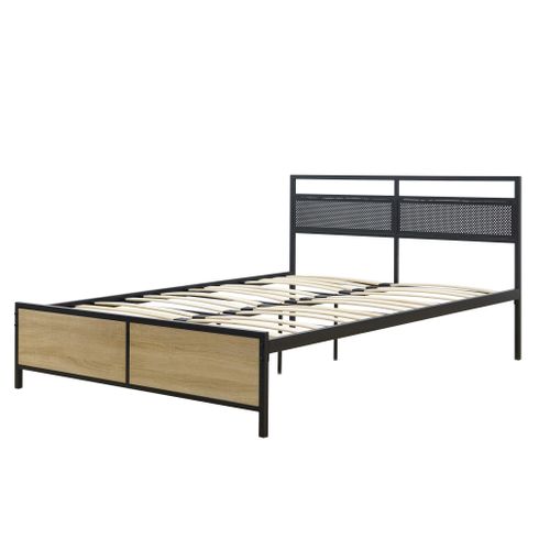 Lit 140x190 cm OSKAR métal noir et imitation chêne
