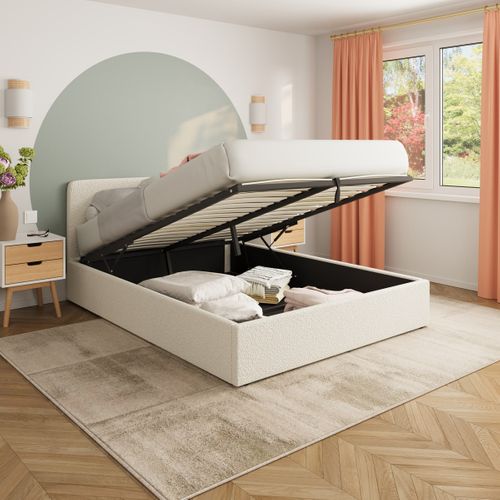 Lit coffre 140x190 cm avec sommier relevable LYLA tissu bouclette beige