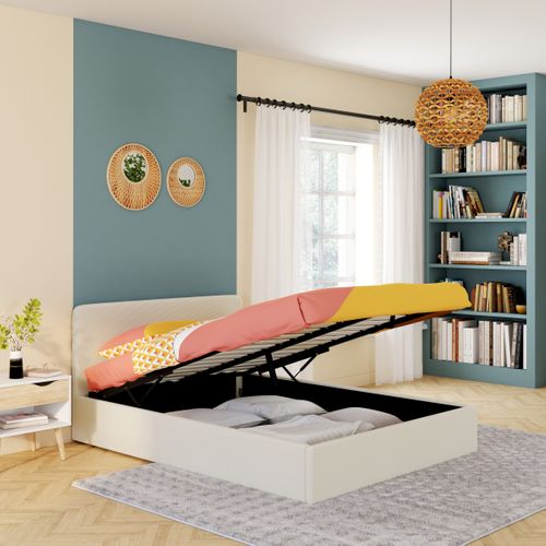 Lit coffre 140x190 cm avec sommier relevable LYLA velours côtelé beige