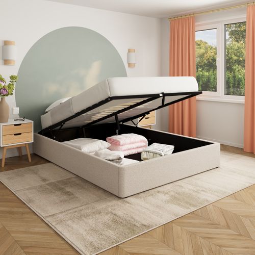 Lit coffre 140x190 cm avec sommier relevable PARMA tissu bouclette gris clair