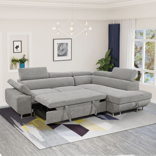 Canapé d'angle droit convertible SALVADOR tissu gris clair