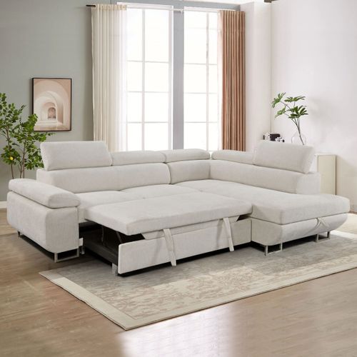 Canapé d'angle droit convertible SALVADOR tissu beige