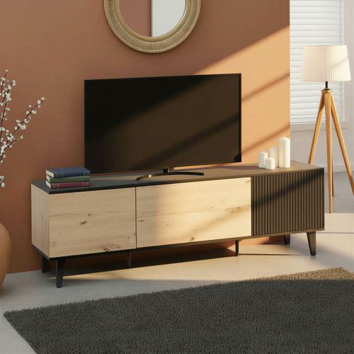 Meuble TV 177 cm FABIEN imitation chêne et noir