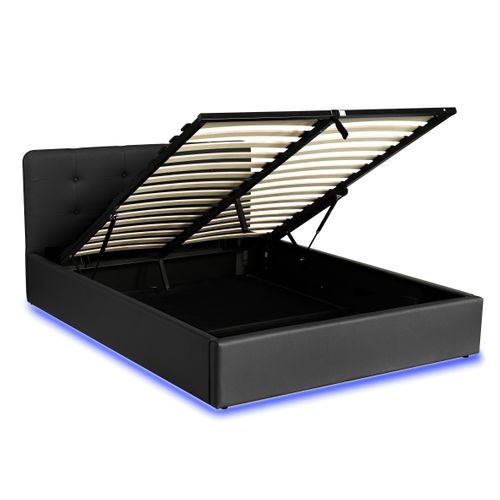 Lit coffre 160x200 cm avec sommier relevable LYLA avec LED en polyuréthane noir