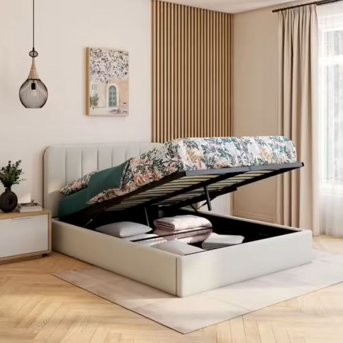 Lit coffre 160x200 cm en tissu bouclette blanc ANNA