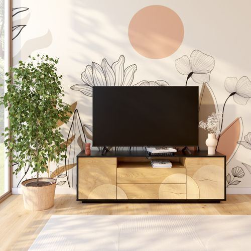 Meuble TV L.170cm CHARLINE imitation chêne et noir