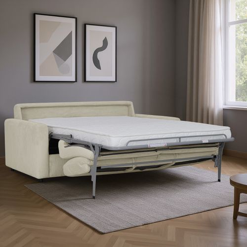 Canapé convertible express 3 places LIOR velours côtelé beige matelas 12 cm