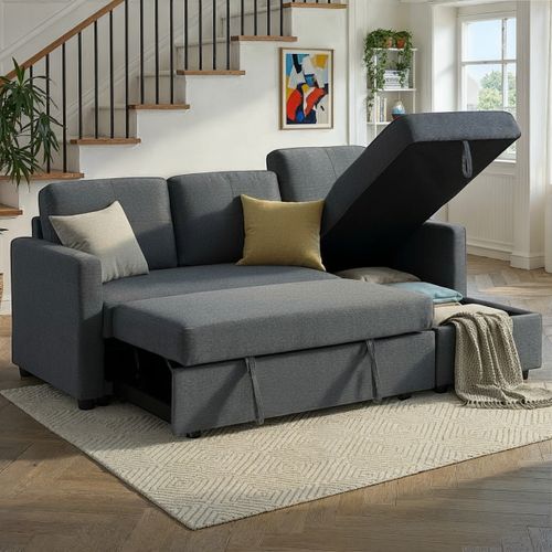 Canapé d'angle convertible méridienne réversible KIM tissu gris foncé