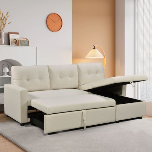 Canapé d'angle convertible méridienne réversible SYRA tissu beige