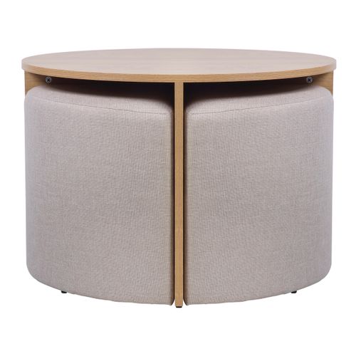 Table basse ronde + 4 poufs PRISCA chêne et tissu beige