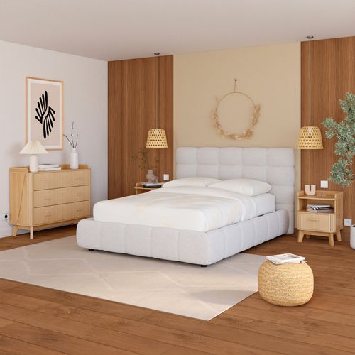 Lit coffre 140x190 cm NUAGE tissu effet boucle capitonné