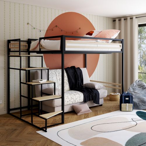 Lit mezzanine 140x200 cm MARLEY imitation chêne - noir