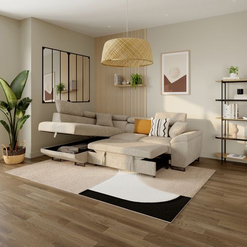 Canapé d'angle gauche convertible ILAN tissu beige