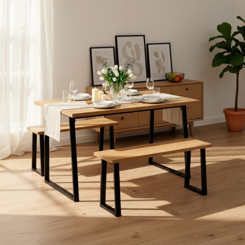 Ensemble table + 2 bancs DANNY imitation chêne et noir