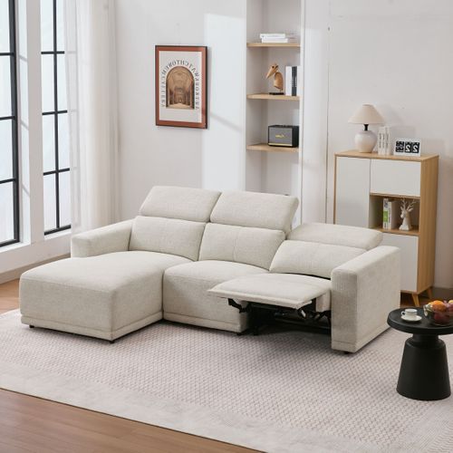 Canapé d'angle gauche relax électrique MONA tissu beige