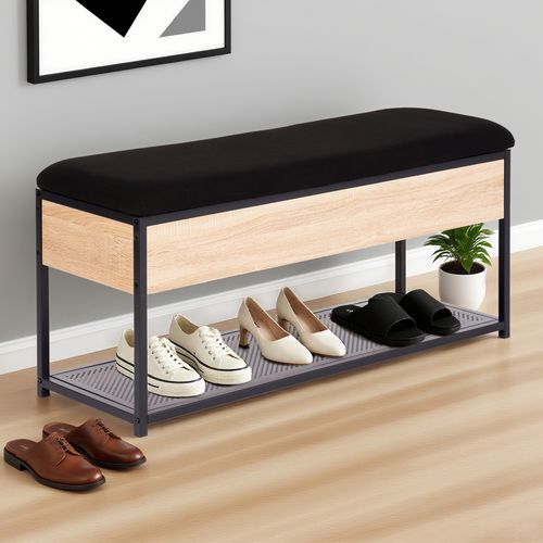 Banc coffre L.110 cm OSKAR imitation chêne et métal noir