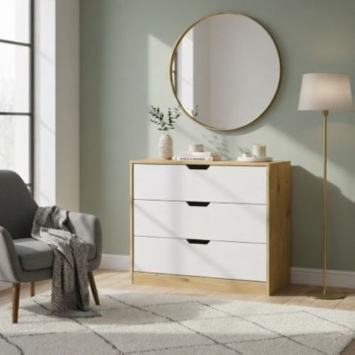 Commode 3 tiroirs SAMUEL imitation chêne et blanc