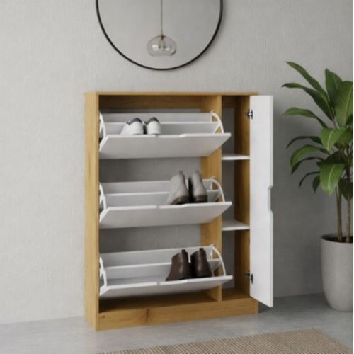 Meuble à chaussures 3 abattants 1 porte SAMUEL imitation chêne et blanc