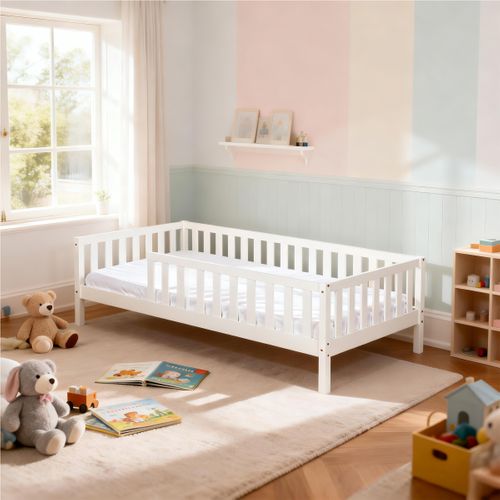 Lit au sol avec barrière 90x190 cm en pin massif avec sommier ELLIA naturel