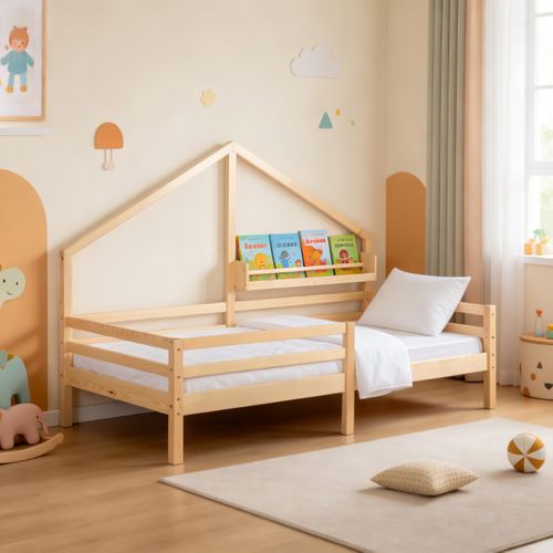 Lit cabane avec étagère 90x190 cm en pin massif avec sommier ELONA naturel