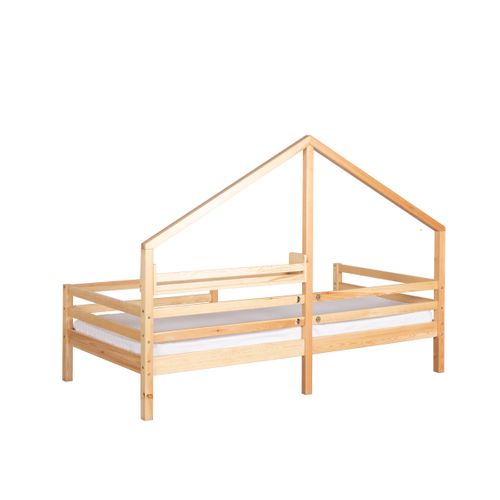 Lit cabane avec étagère 90x190 cm en pin massif avec sommier ELONA naturel