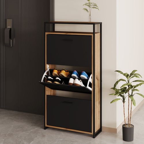 Meuble à chaussure 3 abattants RUBEN noir et imitation chêne