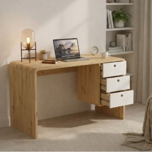 Bureau droit avec tiroirs JOEY imitation chêne et blanc