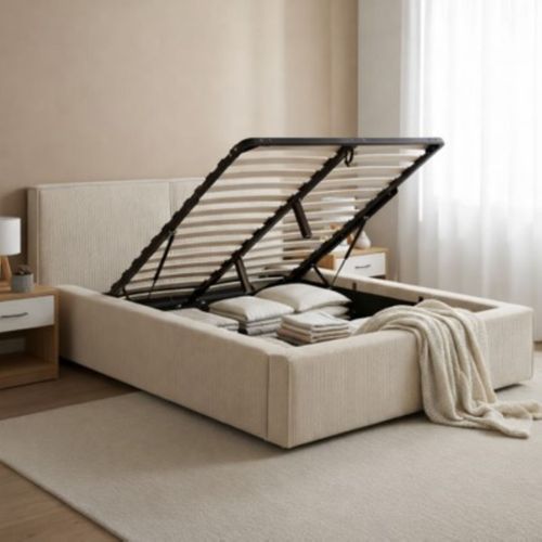 Lit coffre avec sommier relevable 140x190 cm EZRA velours côtelé beige
