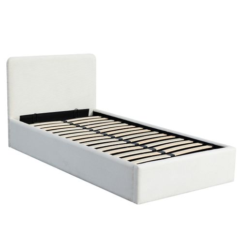 Lit coffre 90x190 cm velours côtelé blanc LYLA
