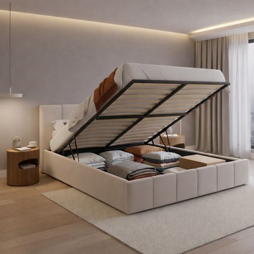 Lit coffre 140x190 cm tissu velours beige MAEVA