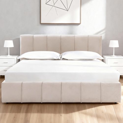 Lit coffre 160x200 cm tissu velours beige MAEVA