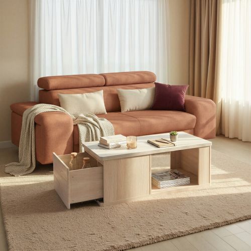 Table basse HONORINE effet travertin et imitation chêne