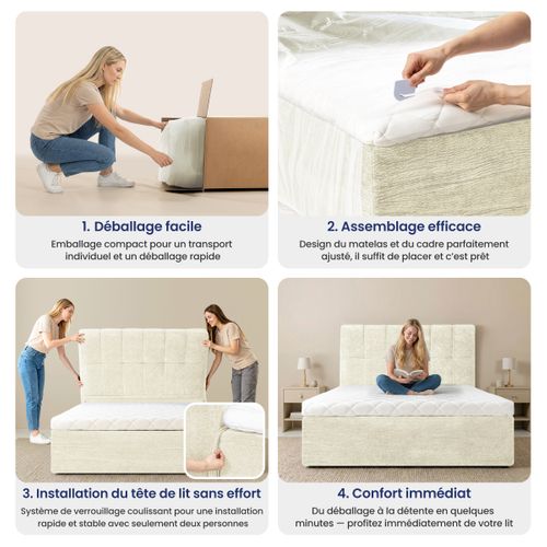Lit complet avec matelas compressé 140x190 cm velours texturé beige AIR NEST