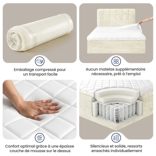 Lit complet avec matelas compressé 140x190 cm velours texturé beige AIR NEST