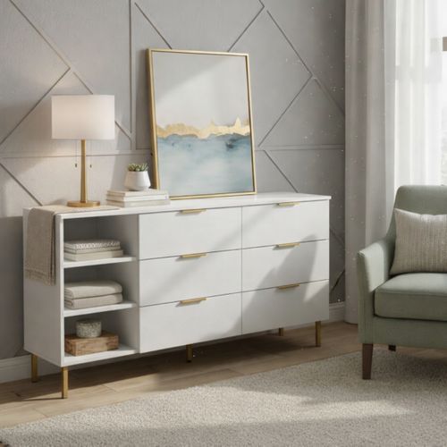 Commode 6 tiroirs ALMA blanc avec pieds dorés