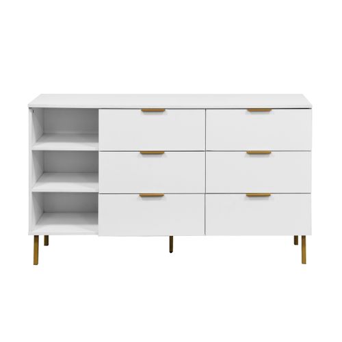 Commode 6 tiroirs ALMA blanc avec pieds dorés